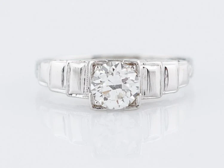 Antique Engagement Ring Late Art Deco .42 Round Brilliant Cut Diamond in 18k White Gold