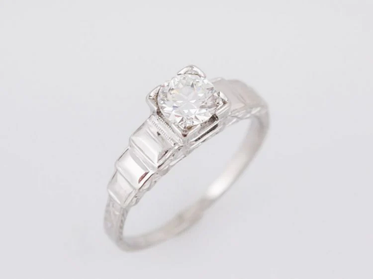 Antique Engagement Ring Late Art Deco .42 Round Brilliant Cut Diamond in 18k White Gold - Image 4