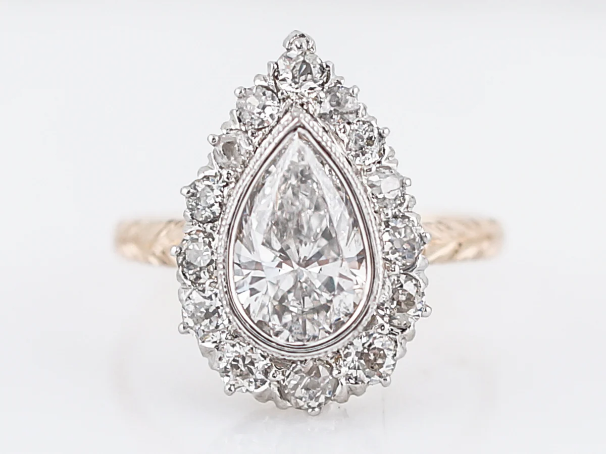 Antique Engagement Ring Victorian GIA 1.26 Pear Cut Diamond in 14k Yellow & White Gold
