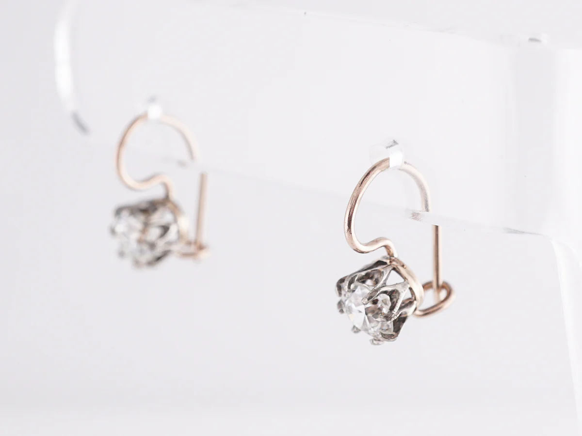 Antique European Diamond Earrings in Platinum and Yellow Gold - Image 2
