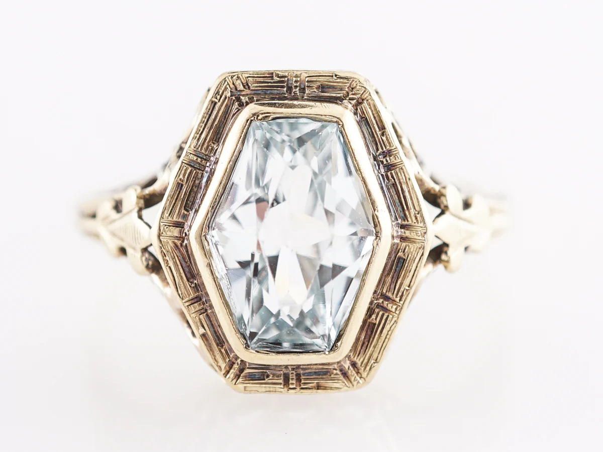 Antique Filigree Aquamarine Cocktail Ring in 14k Yellow Gold