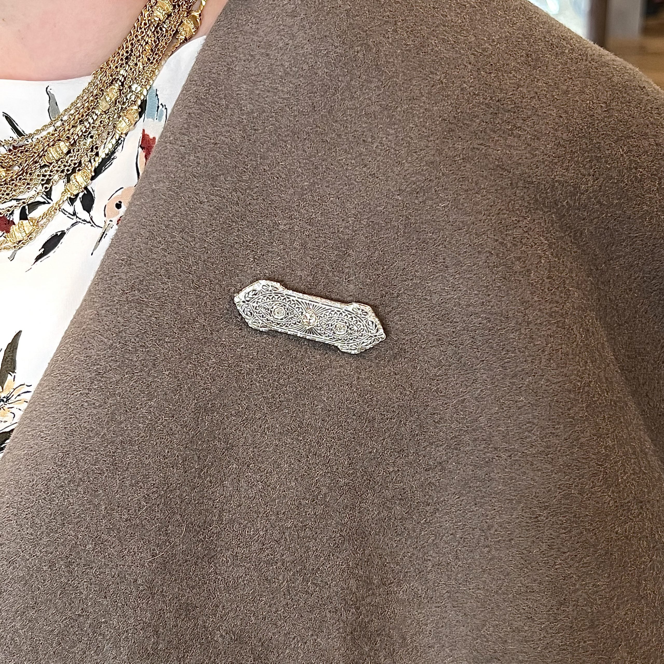 Antique Filigree Diamond Brooch in 14k White Gold - Image 4