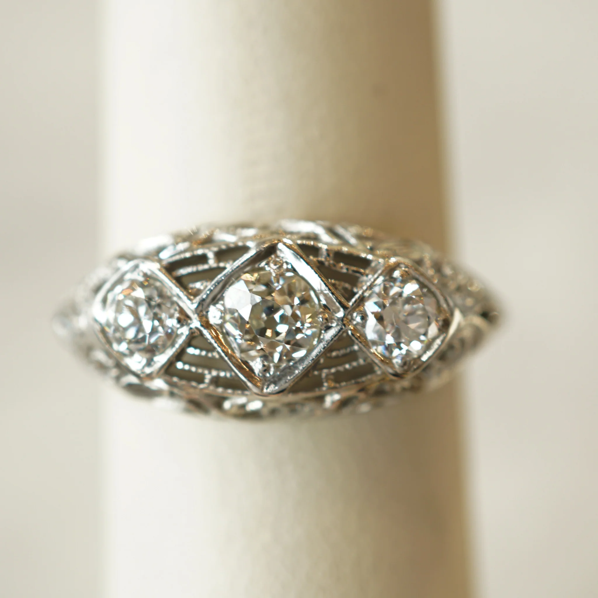 Antique Filigree Three Stone Engagement Ring in 18k White Gold - Image 6