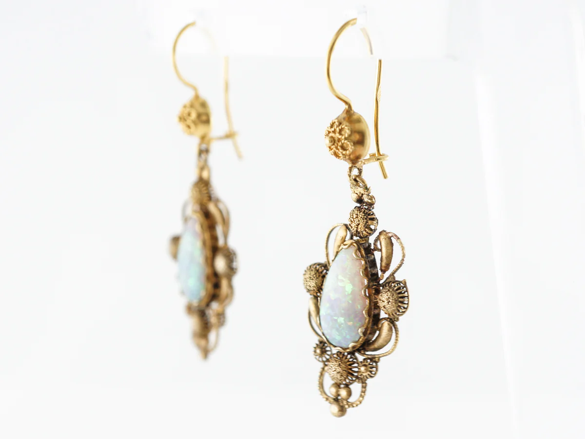 Antique Georgian Cannetille Earrings w/ Opals in 15k Yellow Gold - Image 2