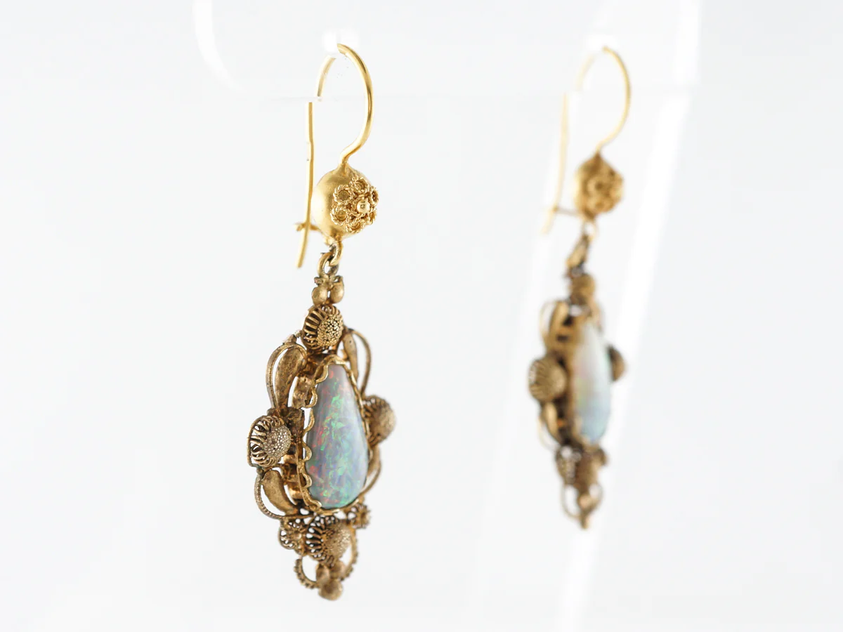 Antique Georgian Cannetille Earrings w/ Opals in 15k Yellow Gold - Image 3