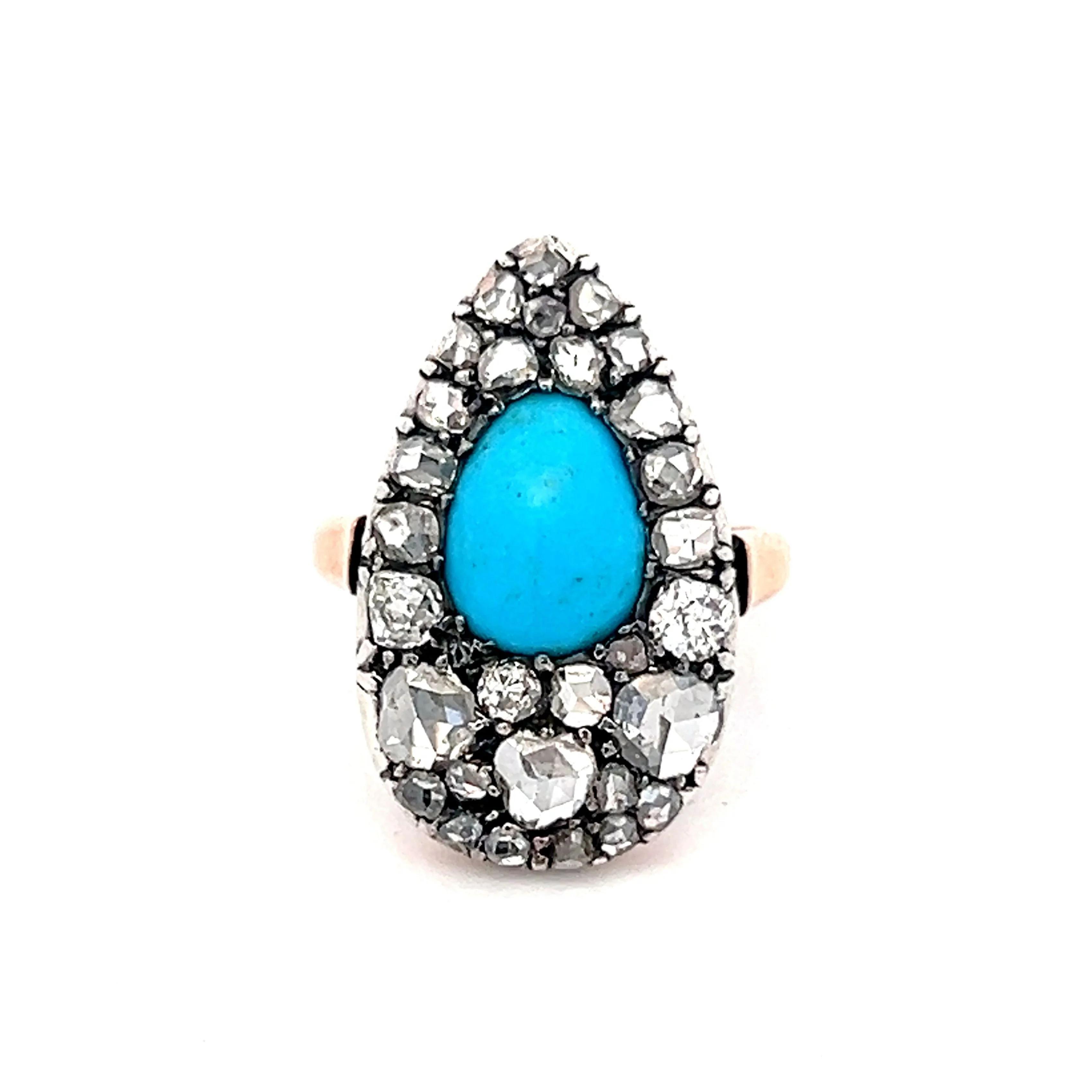 Antique Georgian Turquoise & Diamond Ring with in Rose Gold
