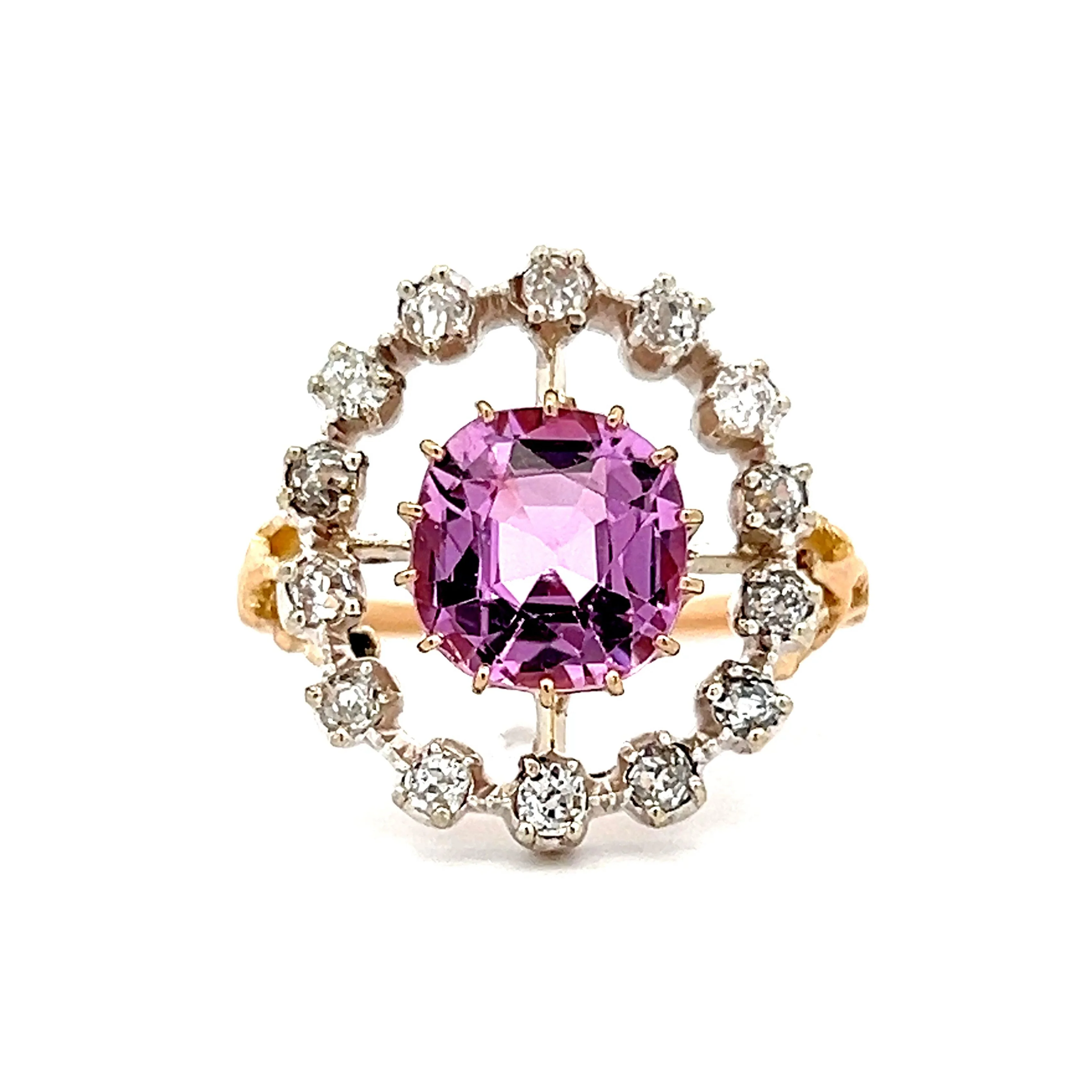 Antique Imperial Pink Topaz & Diamond Ring in 14k Gold