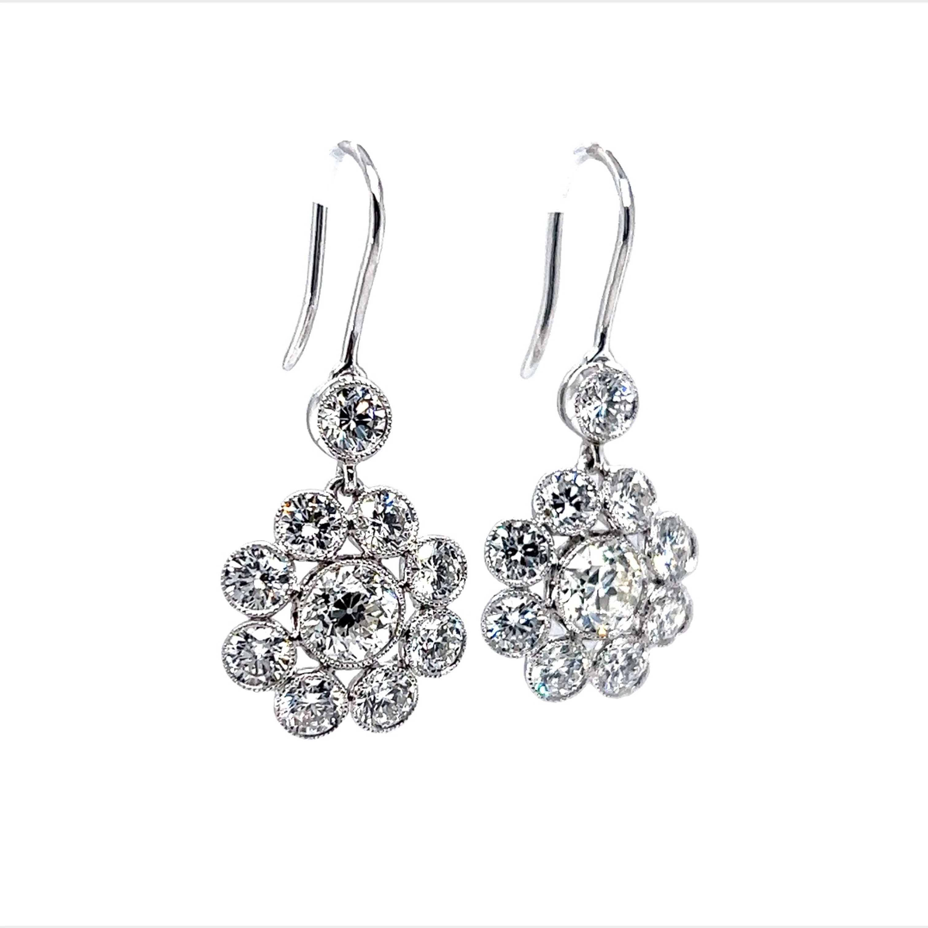 Antique Inspired Diamond Cluster Drop Earrings in Platinum - Image 2
