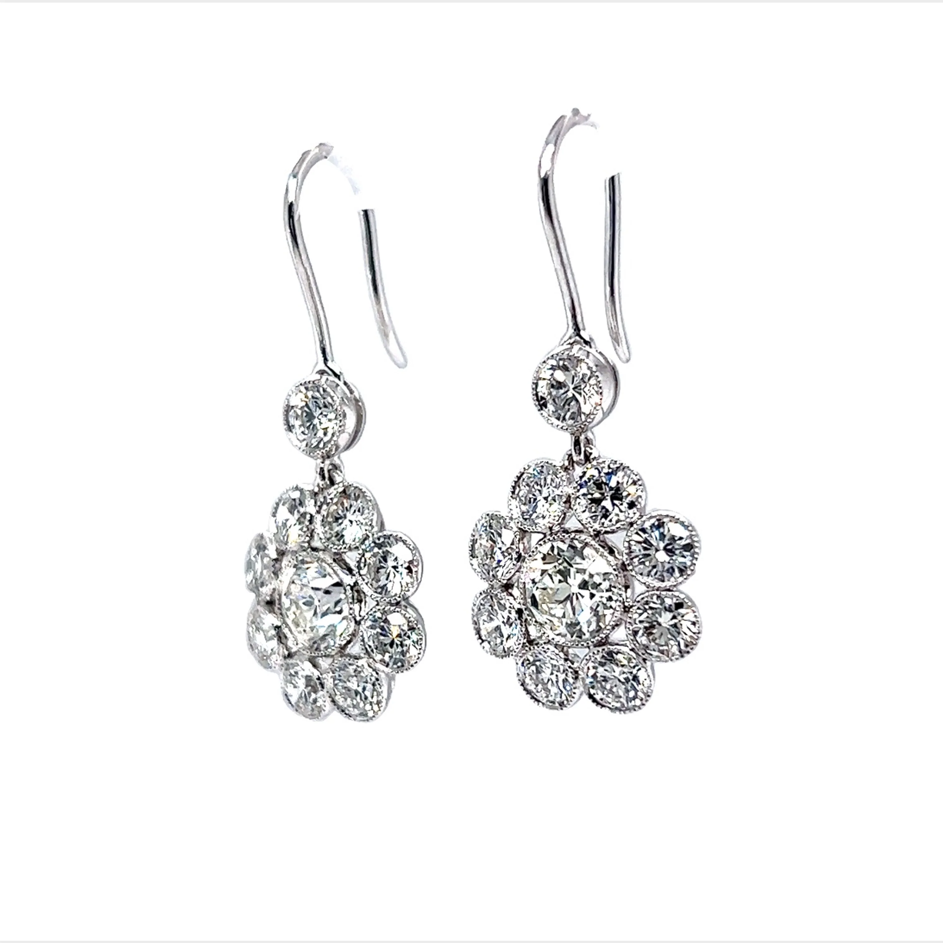 Antique Inspired Diamond Cluster Drop Earrings in Platinum - Image 3