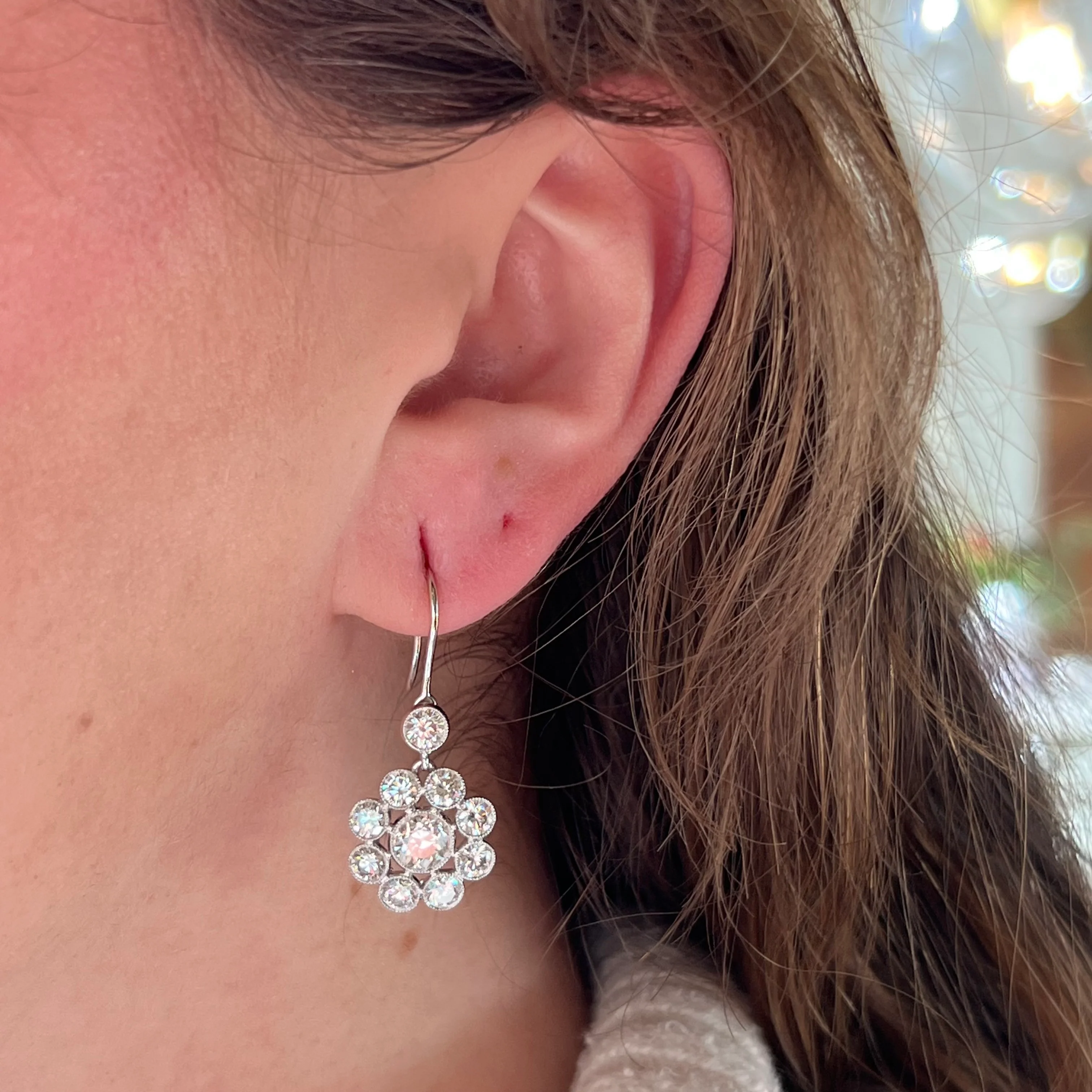 Antique Inspired Diamond Cluster Drop Earrings in Platinum - Image 4