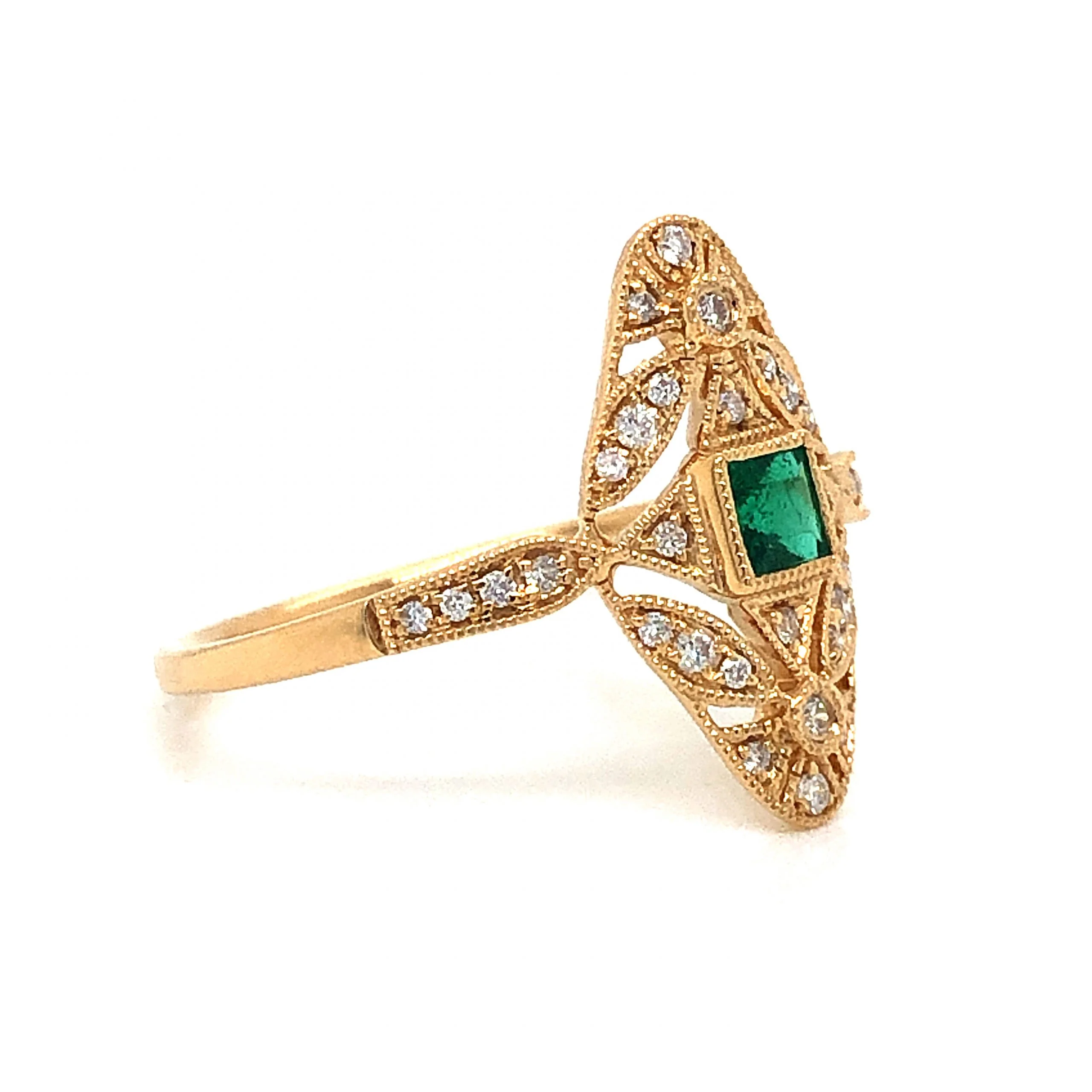 Antique Inspired Emerald & Diamond Ring in 18k Yellow Gold - Image 3