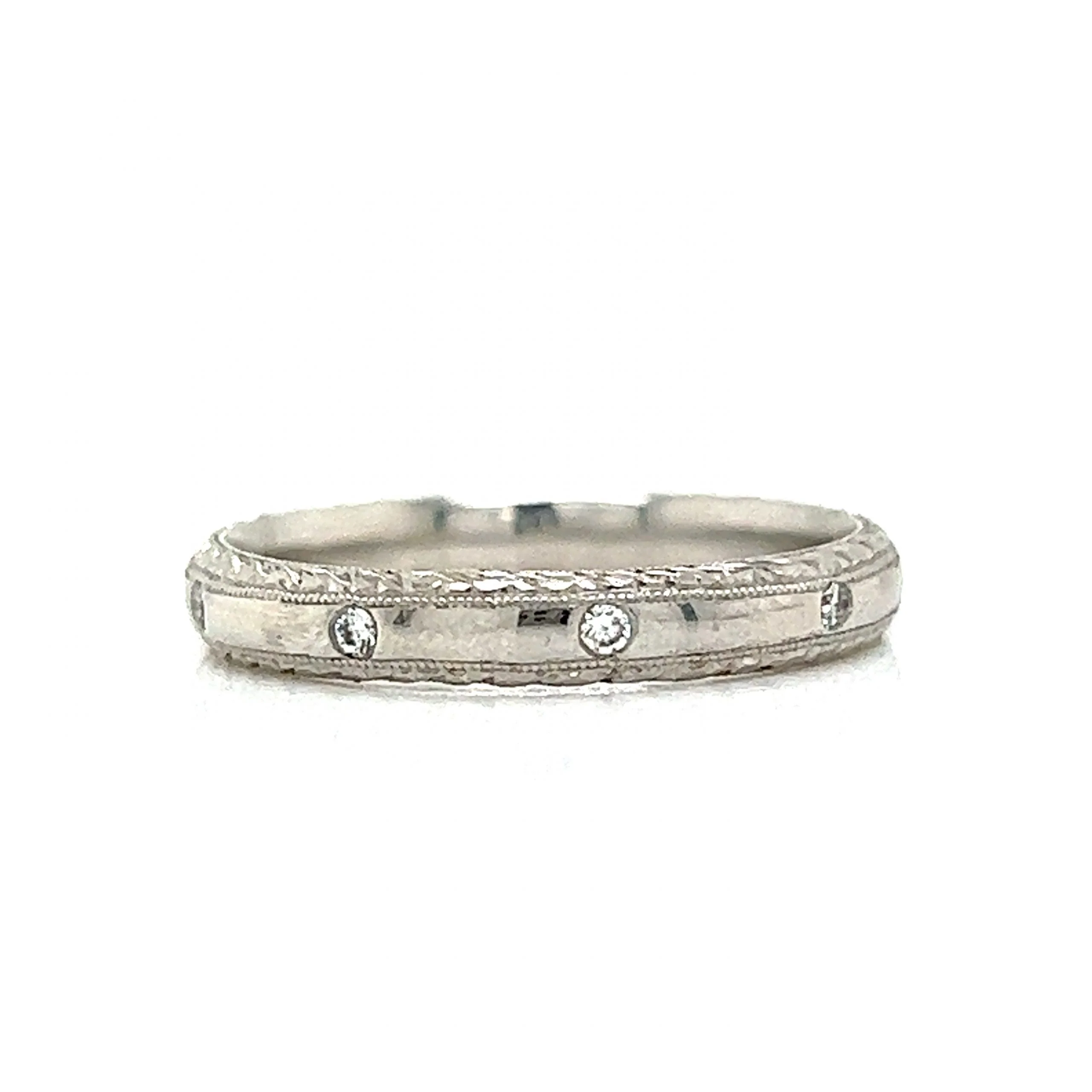 Antique Inspired Flush Set Diamond Wedding Band in Platinum - Image 2