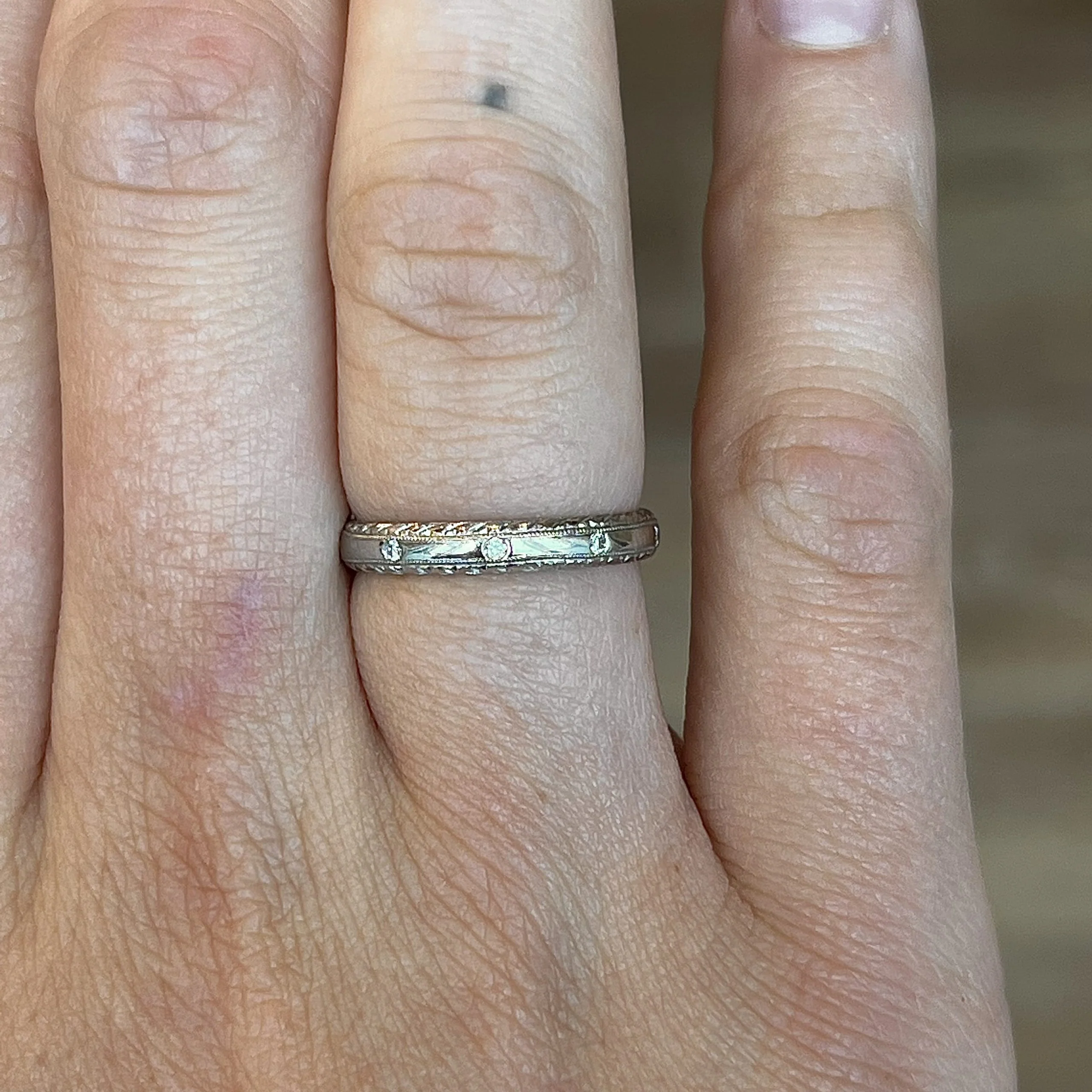 Antique Inspired Flush Set Diamond Wedding Band in Platinum - Image 6