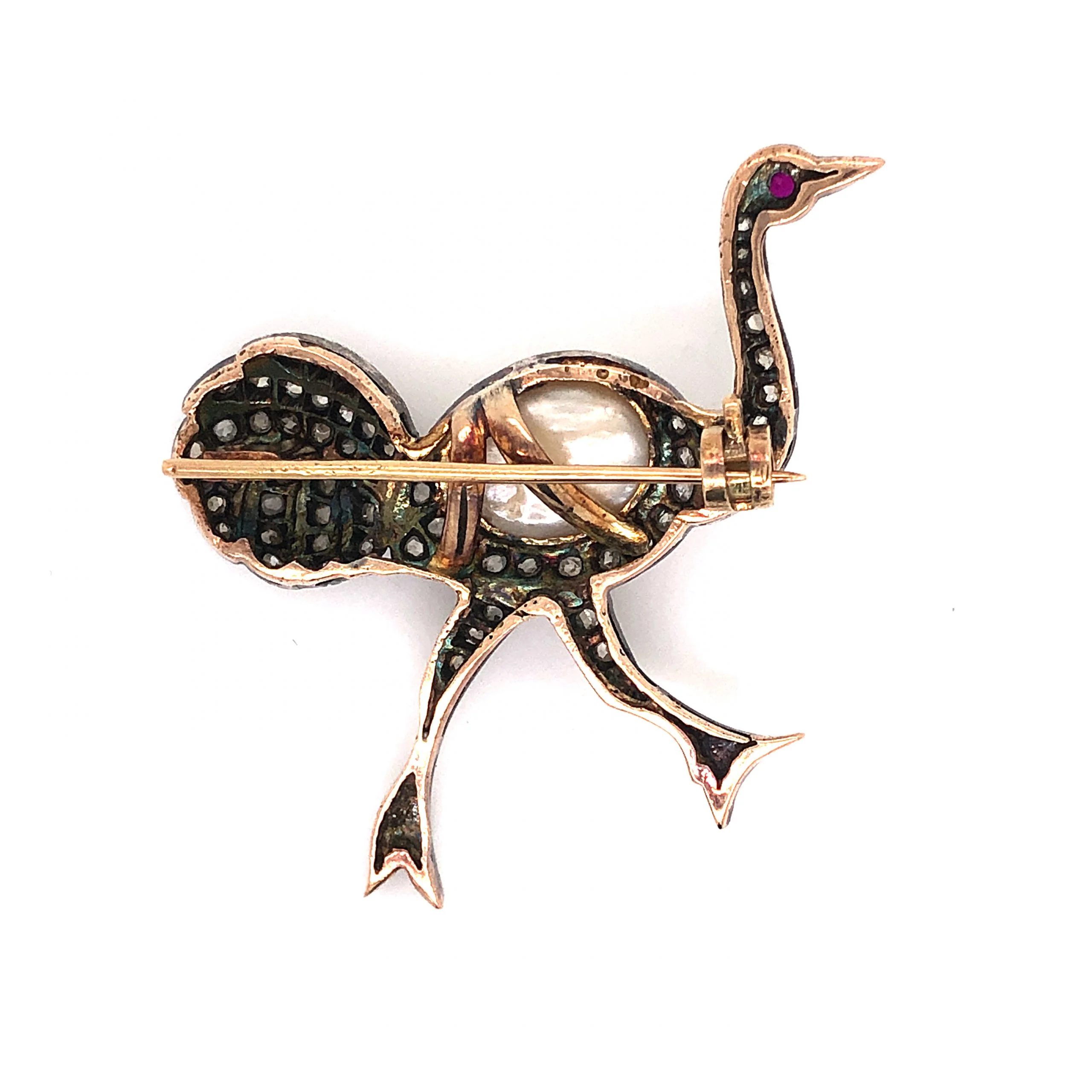 Antique Inspired Ostrich Brooch in Sterling Silver and 14k Gold - Image 2