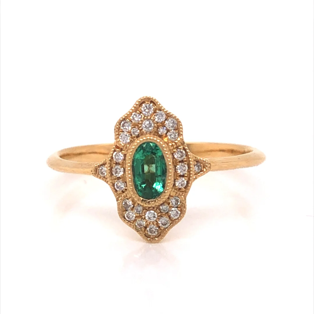 Antique Inspired Oval Emerald & Diamond Ring in 18k Yellow Gold