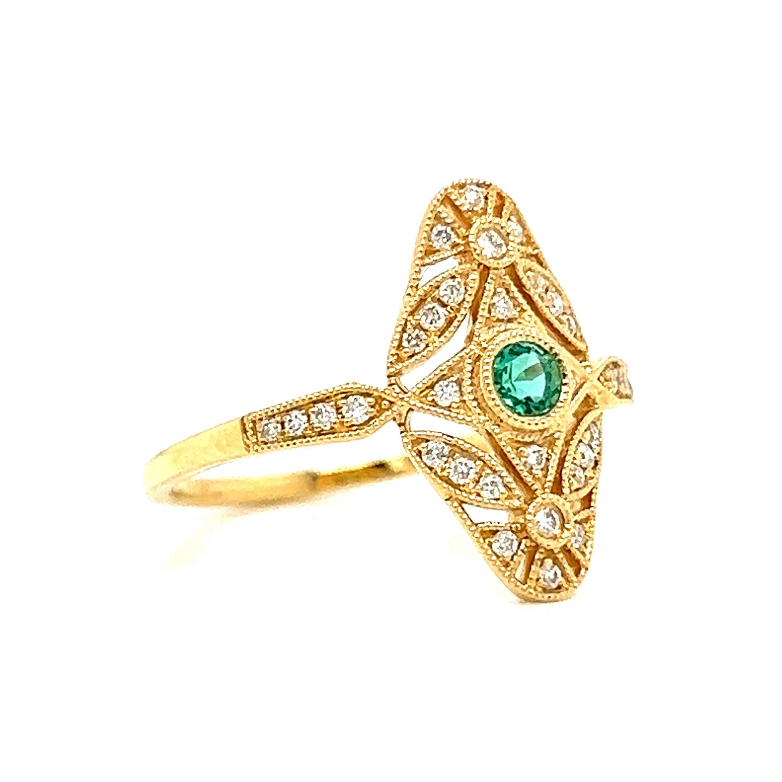 Antique Inspired Round Emerald & Diamond Ring in 18k Gold - Image 3