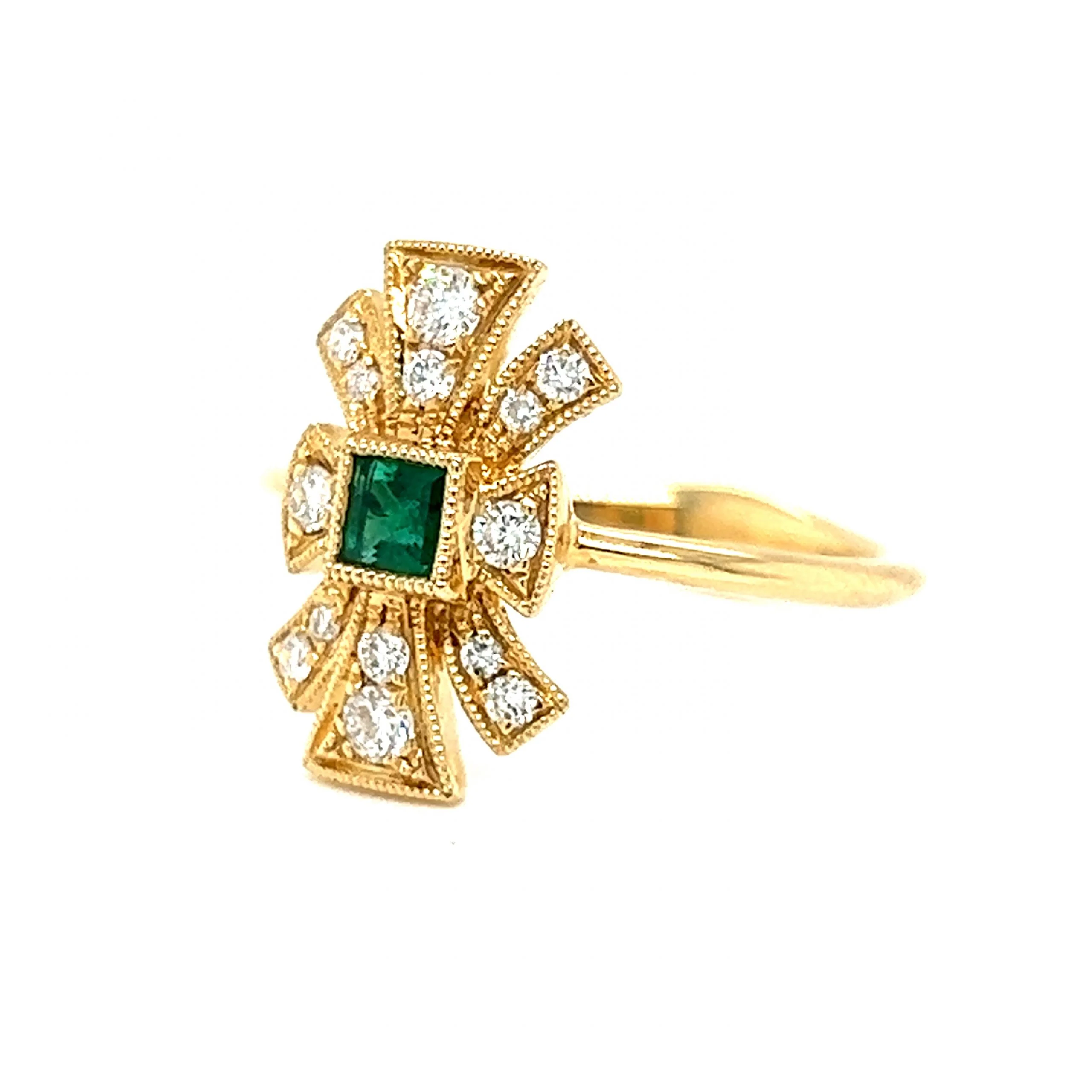 Antique Inspired Square Emerald & Diamond Cluster Ring in 18k - Image 2