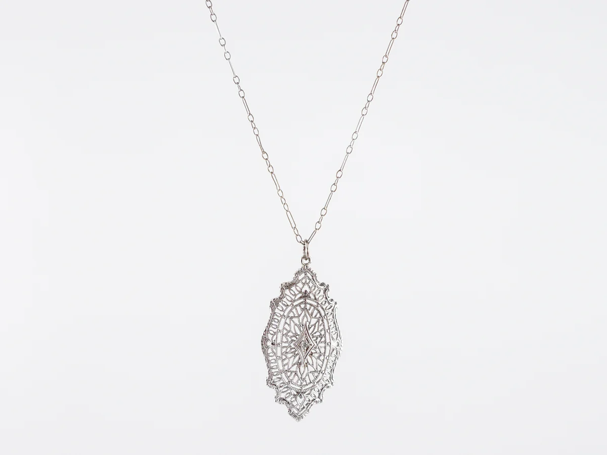 Antique Necklace Art Deco .02 Old European Cut Diamond in 18k White Gold