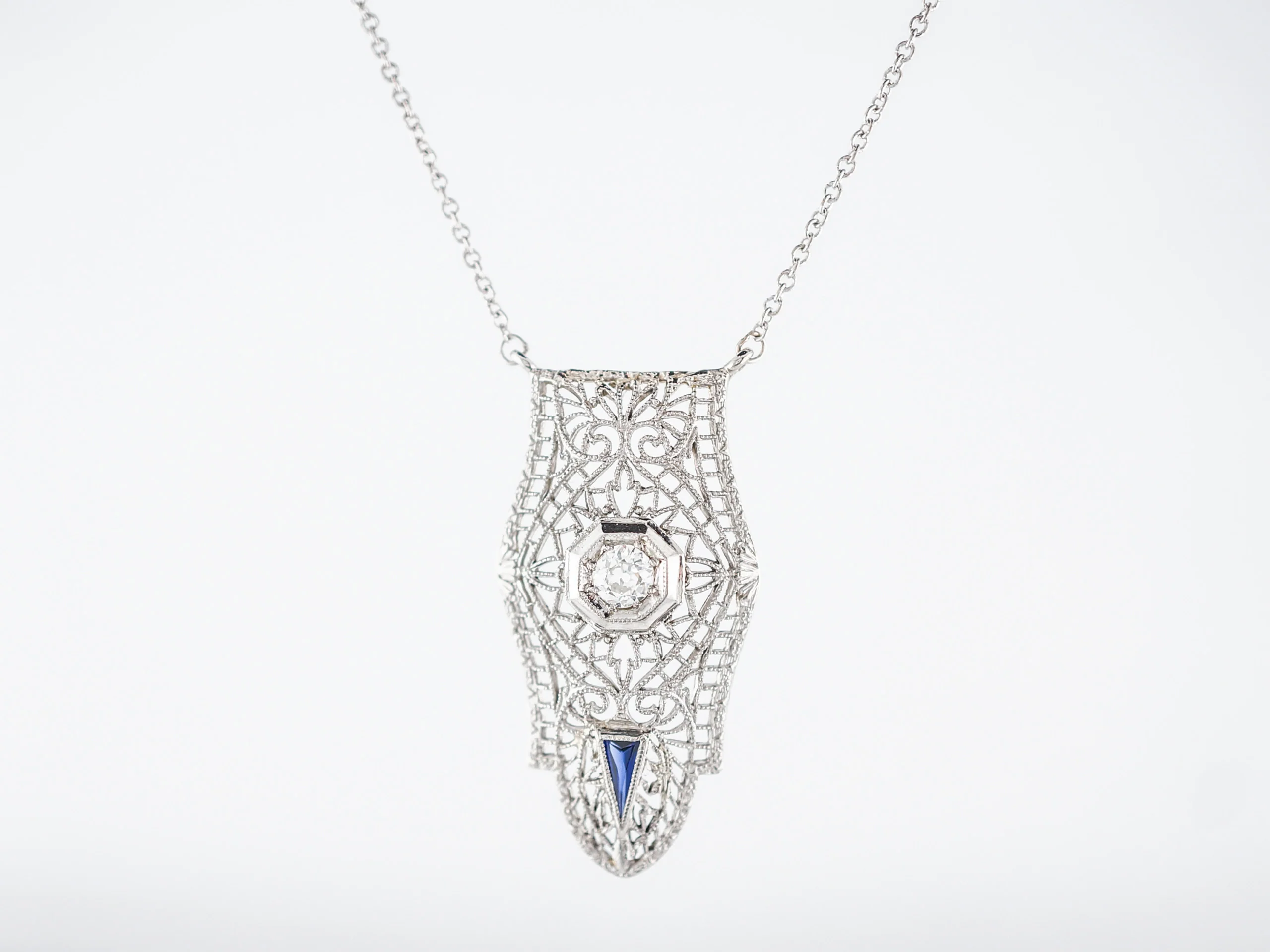 Antique Necklace Art Deco .25 Old European Cut Diamond in 14K White Gold