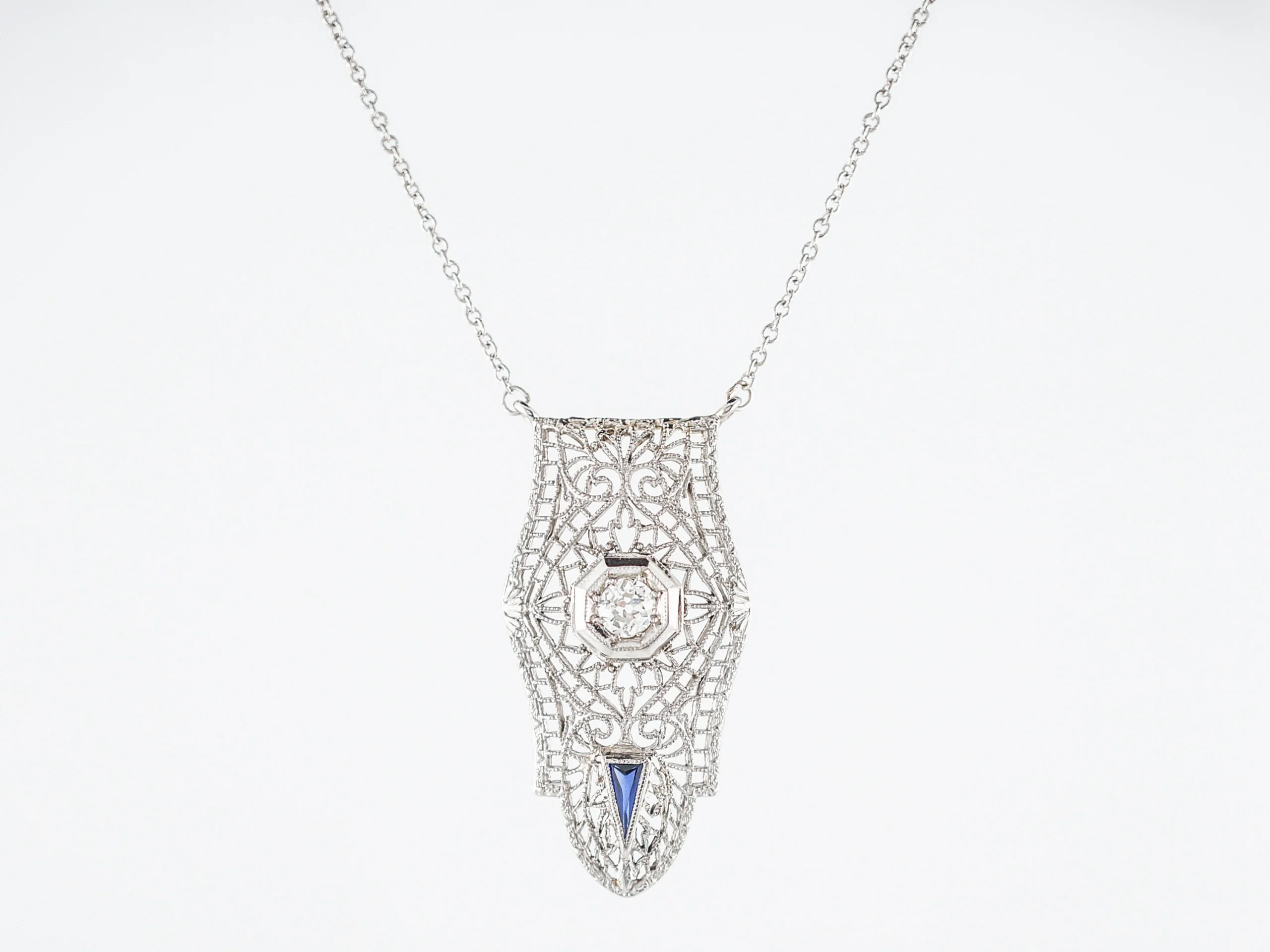 Antique Necklace Art Deco .25 Old European Cut Diamond in 14K White Gold - Image 2