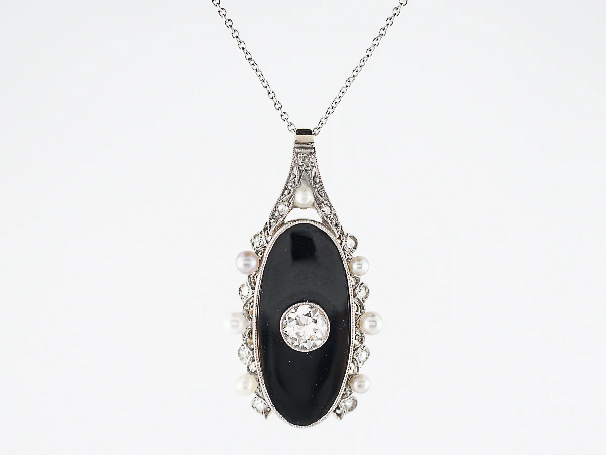 ***RTV***Antique Necklace Art Deco .45 Old European Cut Diamond & Onyx in Platinum - Image 2