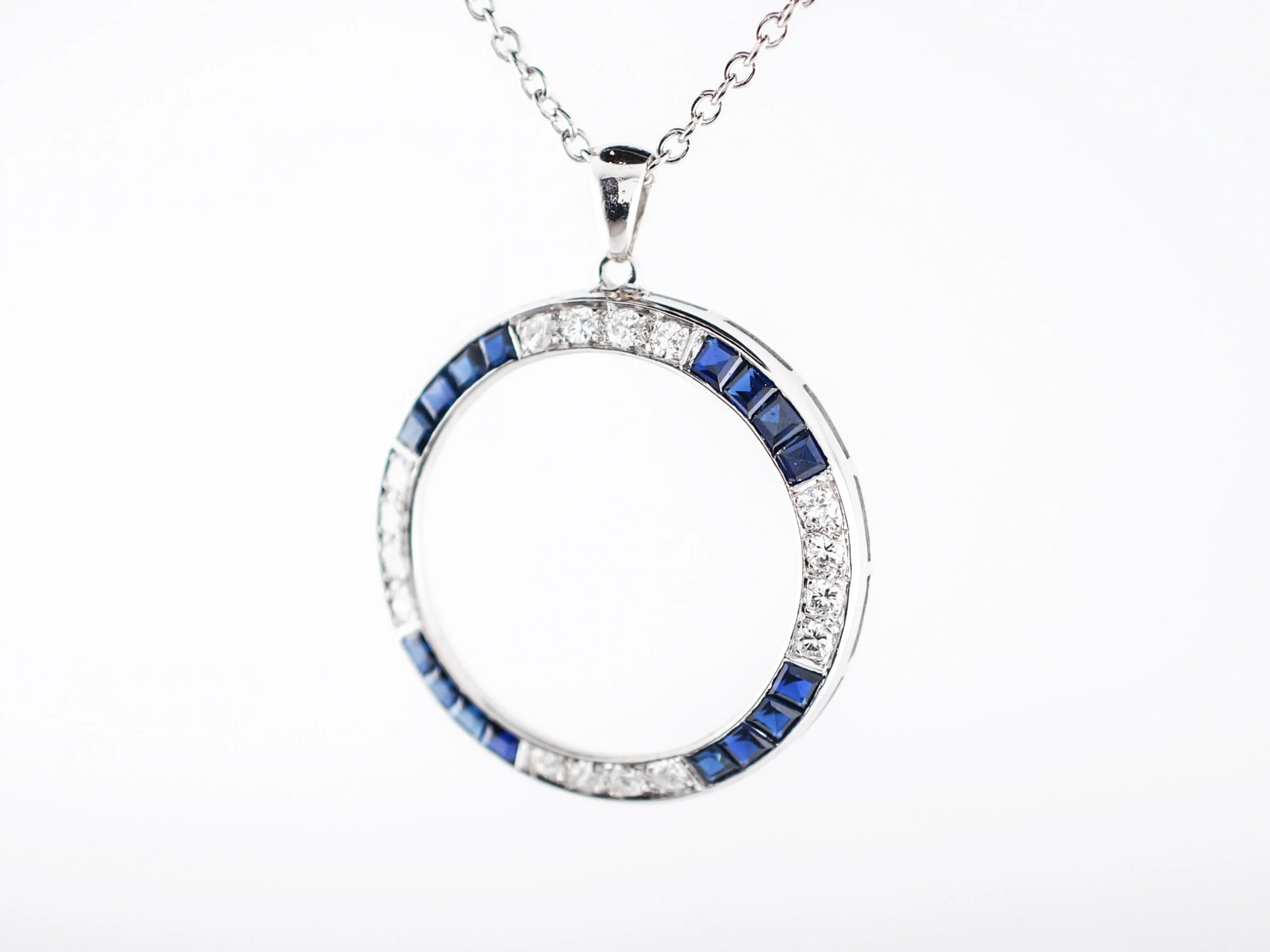 Antique Necklace Art Deco .48 Round Full Cut Diamonds & .96 Square Step Cut Sapphires in 18k White Gold - Image 2