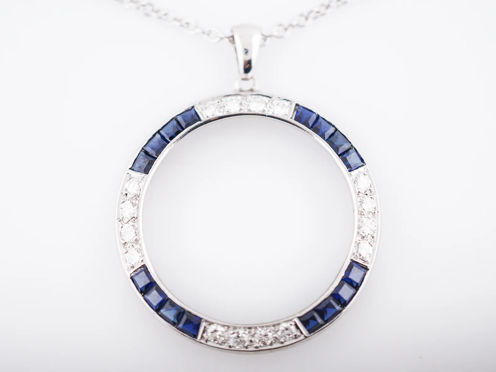 Antique Necklace Art Deco .48 Round Full Cut Diamonds & .96 Square Step Cut Sapphires in 18k White Gold - Image 3