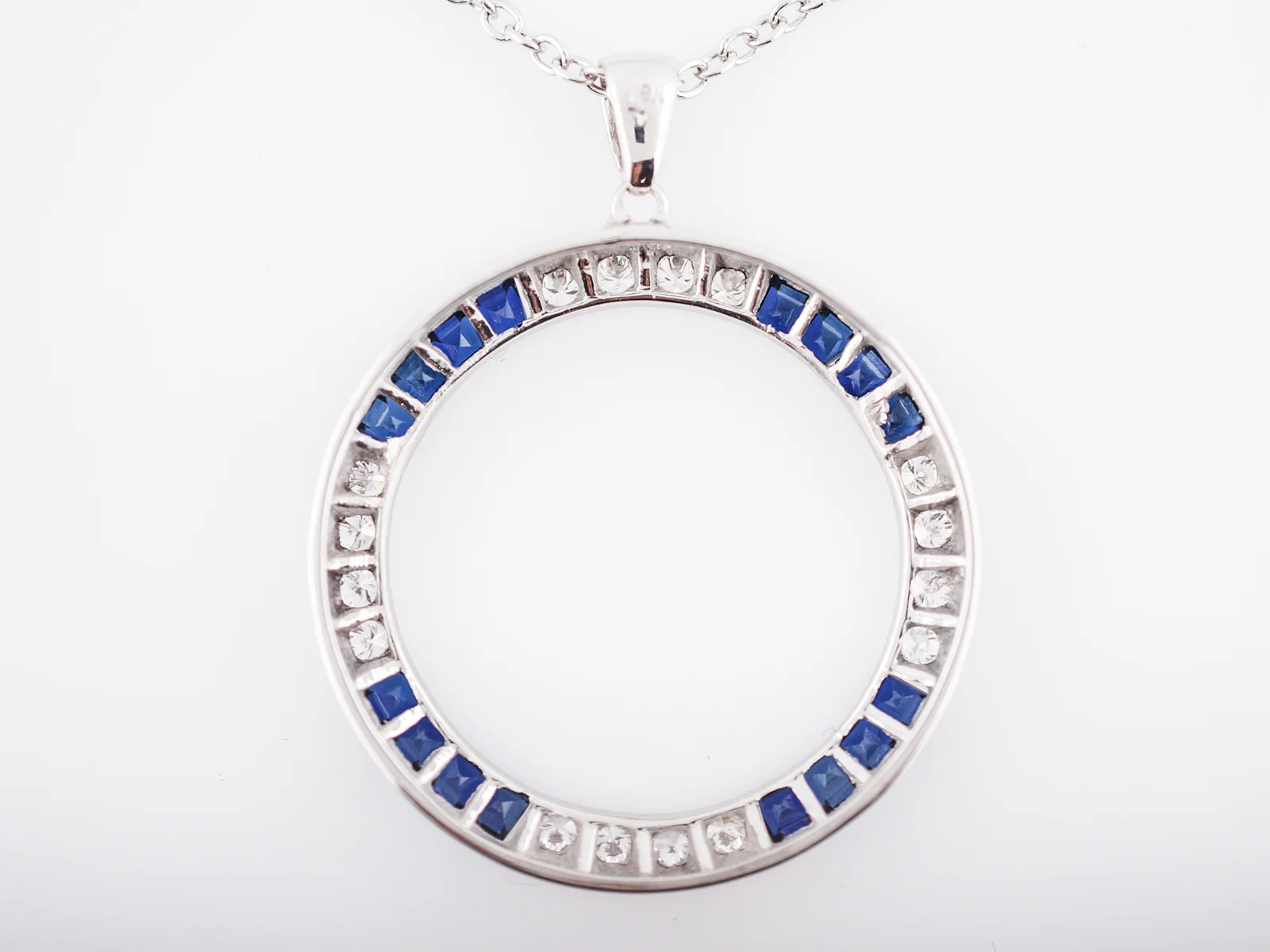 Antique Necklace Art Deco .48 Round Full Cut Diamonds & .96 Square Step Cut Sapphires in 18k White Gold - Image 4