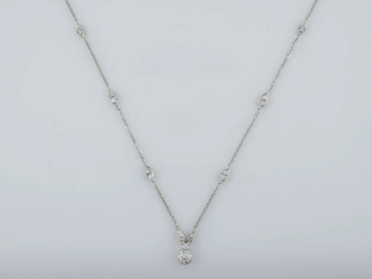 Antique Necklace Art Deco .81 Old European & Single Cut Diamonds in 14k White Gold