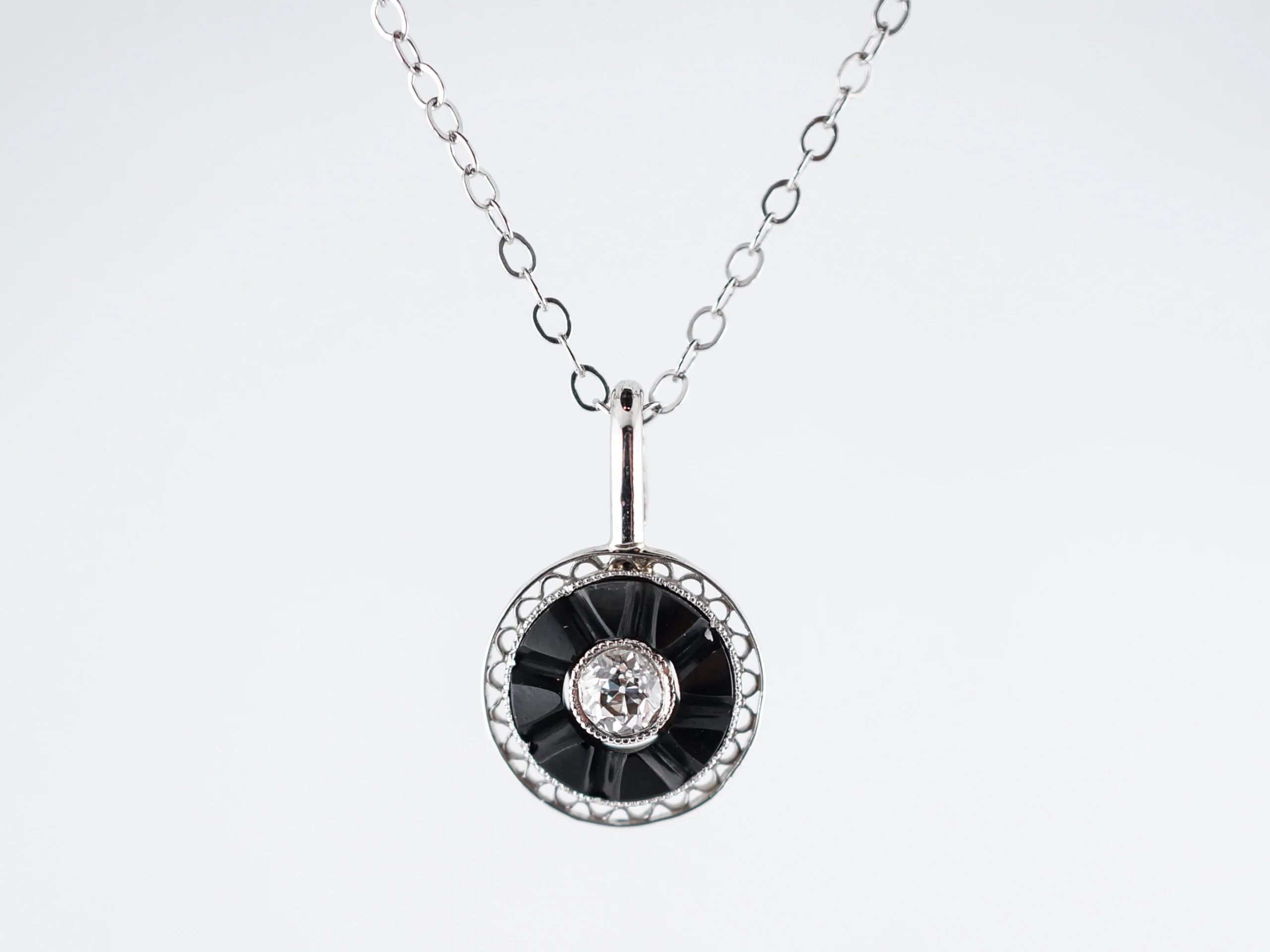 Antique Necklace Art Deco Onyx & .11 Old European Cut Diamond in 14K White Gold