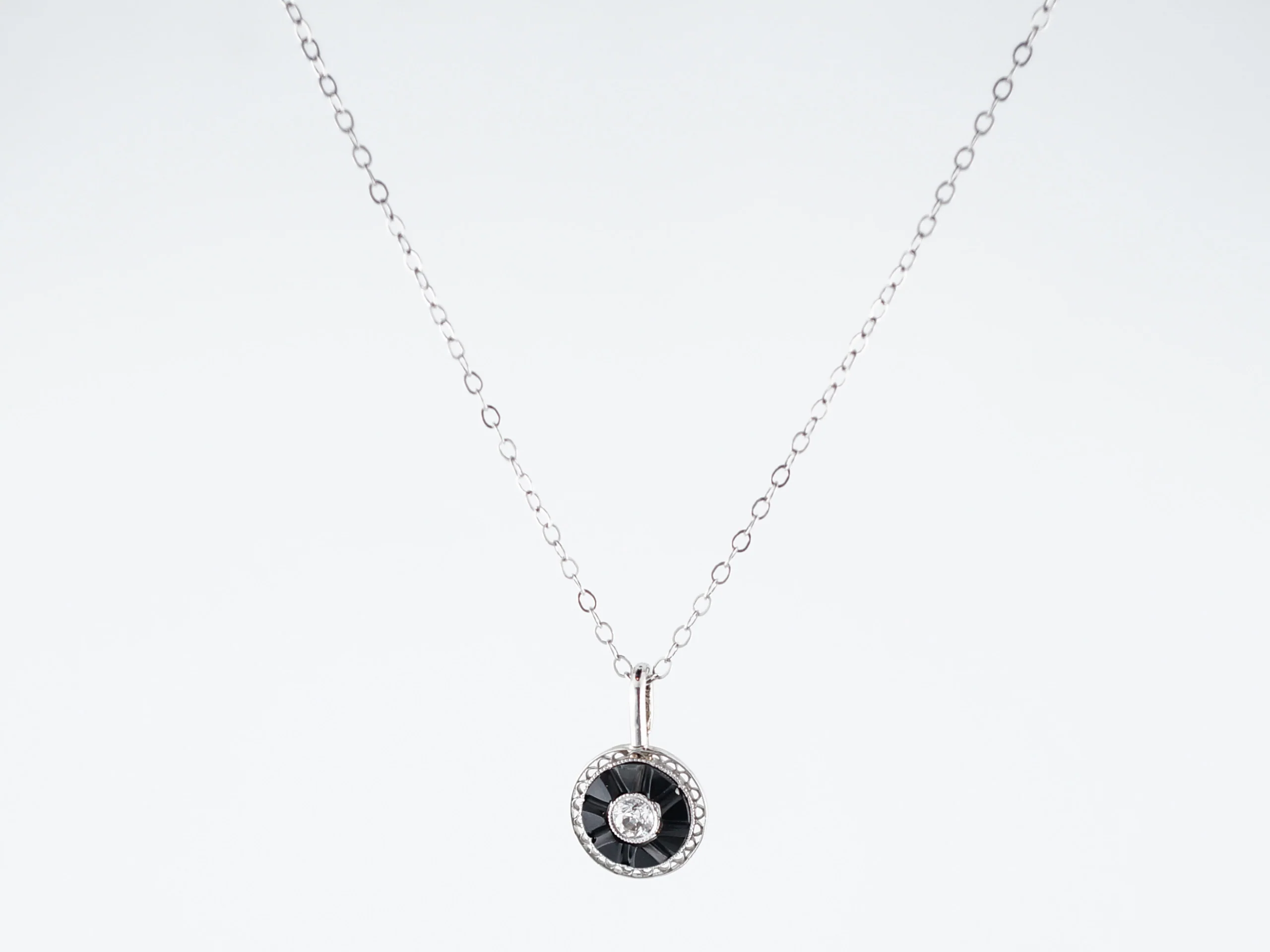Antique Necklace Art Deco Onyx & .11 Old European Cut Diamond in 14K White Gold - Image 2