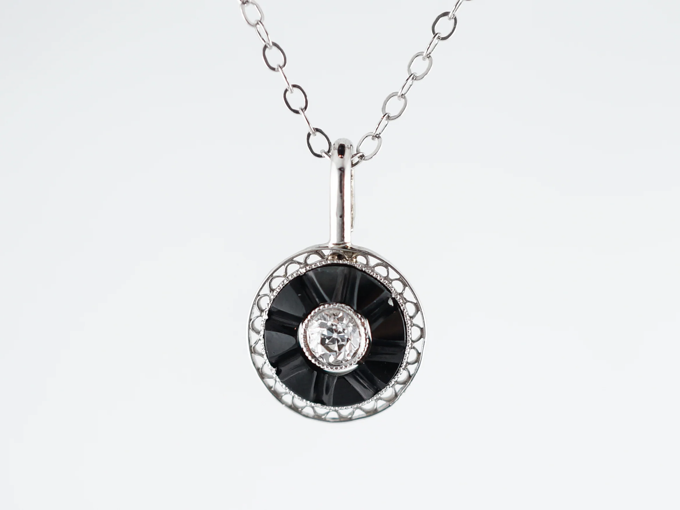 Antique Necklace Art Deco Onyx & .11 Old European Cut Diamond in 14K White Gold - Image 3