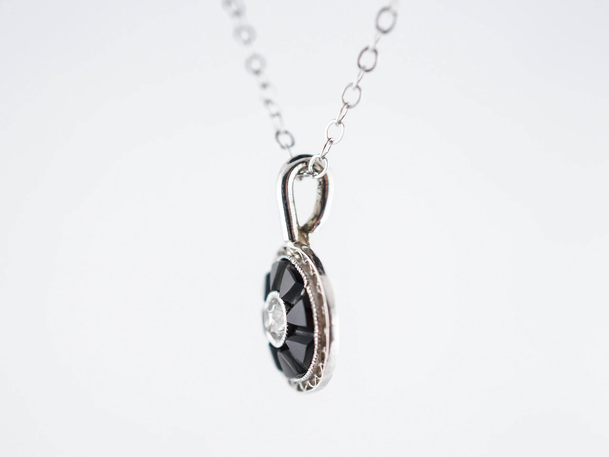 Antique Necklace Art Deco Onyx & .11 Old European Cut Diamond in 14K White Gold - Image 4