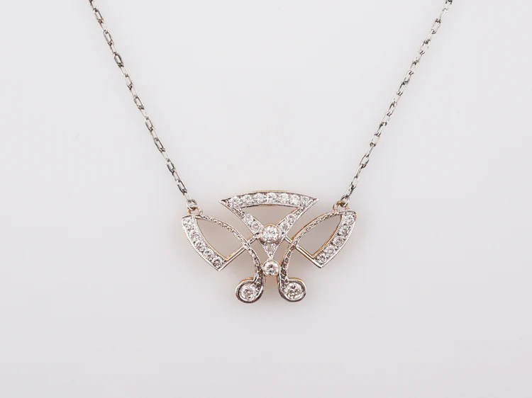 Antique Necklace Retro Two Tone .79 Round Brilliant Cut Diamonds in 14k White & Yellow Gold - Image 2