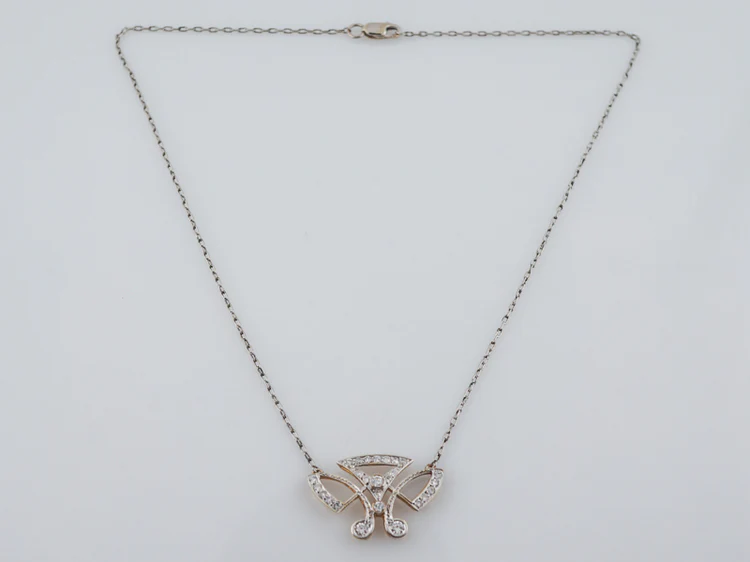 Antique Necklace Retro Two Tone .79 Round Brilliant Cut Diamonds in 14k White & Yellow Gold - Image 3