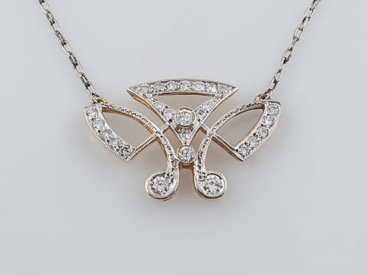 Antique Necklace Retro Two Tone .79 Round Brilliant Cut Diamonds in 14k White & Yellow Gold - Image 4