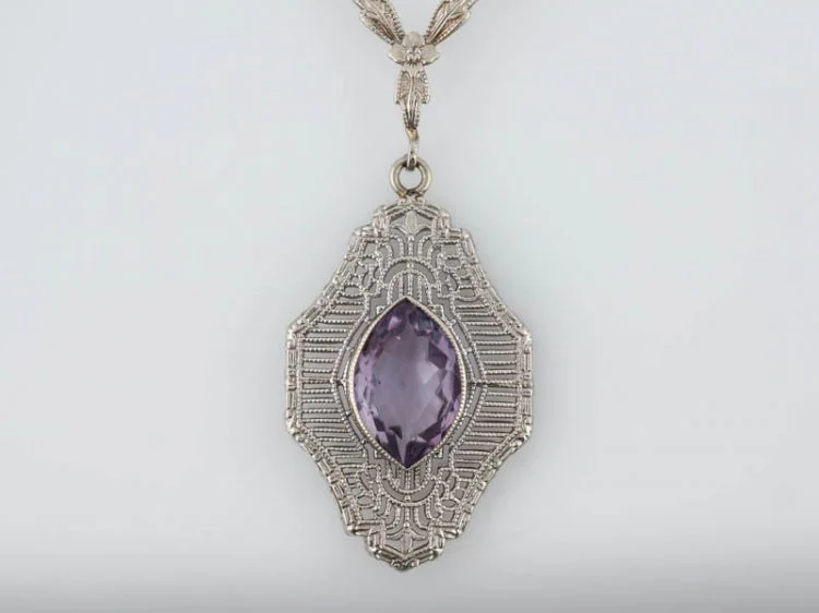 Antique Necklace Victorian 1.35 Marquis Cut Amethyst in 14k White Gold - Image 2
