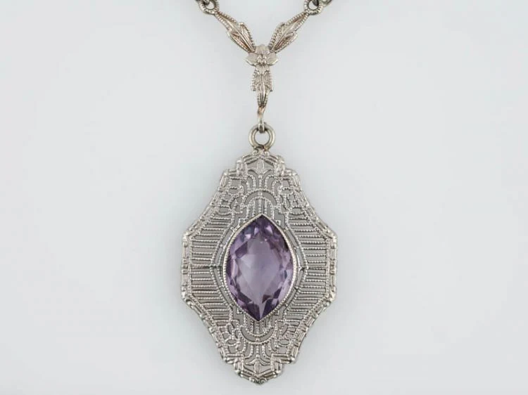 Antique Necklace Victorian 1.35 Marquis Cut Amethyst in 14k White Gold - Image 3