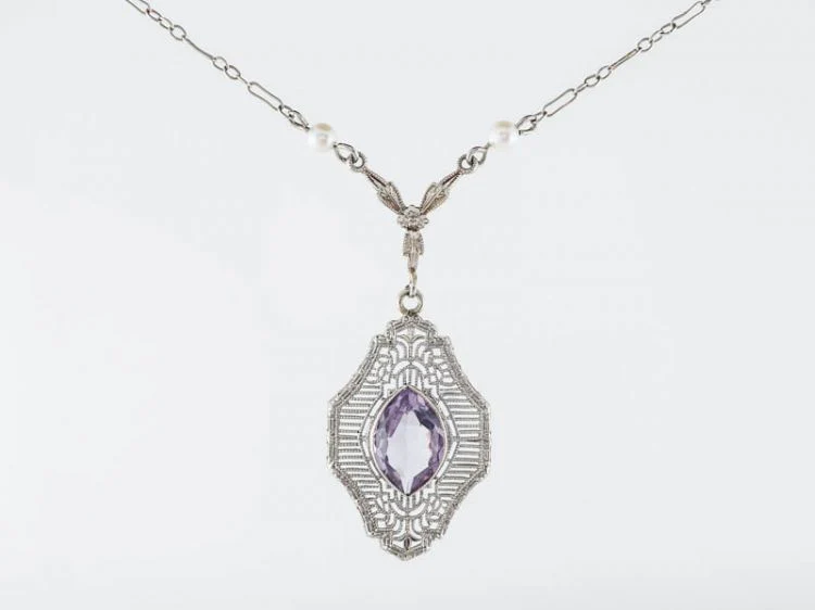 Antique Necklace Victorian 1.35 Marquis Cut Amethyst in 14k White Gold - Image 4