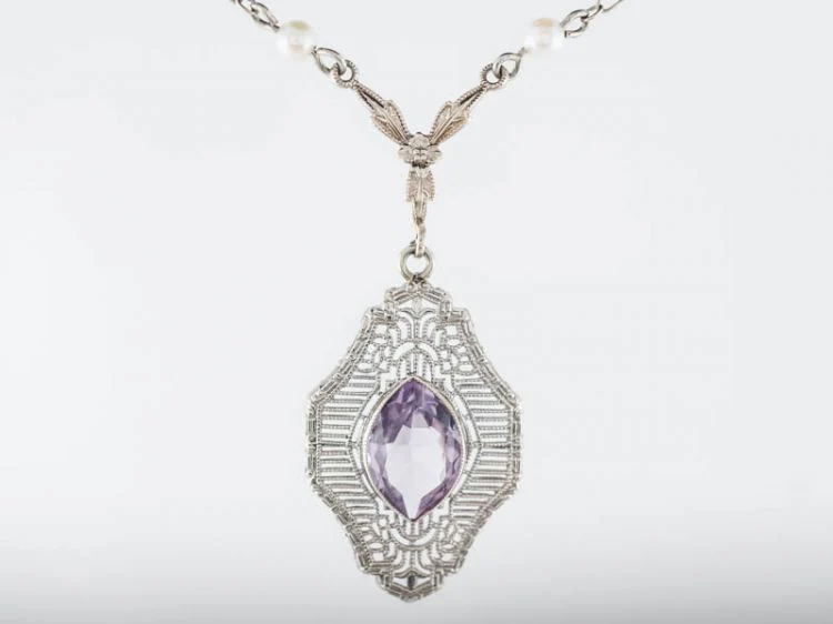 Antique Necklace Victorian 1.35 Marquis Cut Amethyst in 14k White Gold - Image 5