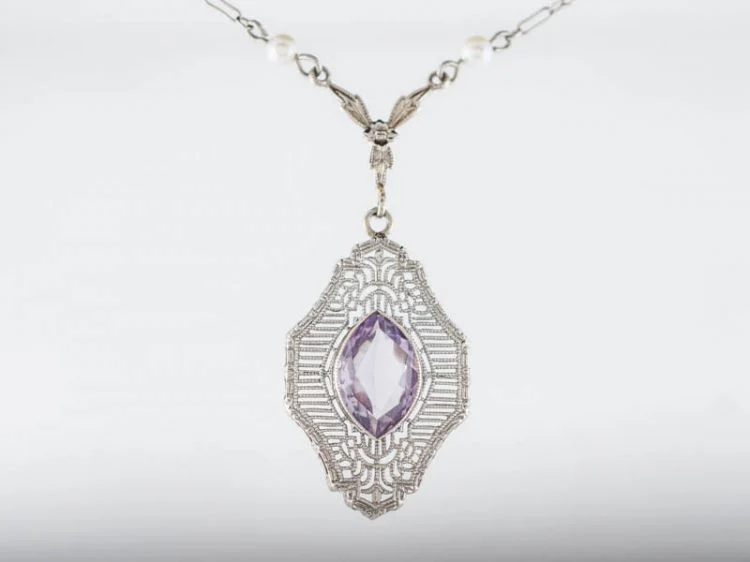 Antique Necklace Victorian 1.35 Marquis Cut Amethyst in 14k White Gold - Image 6
