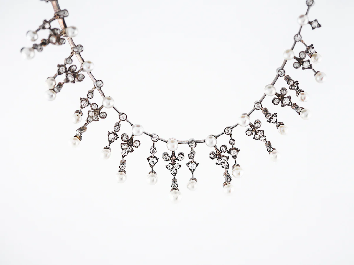 Antique Necklace Victorian 2.28 Single Cut Diamonds & Pearl in Sterling Silver & 14K White Gold