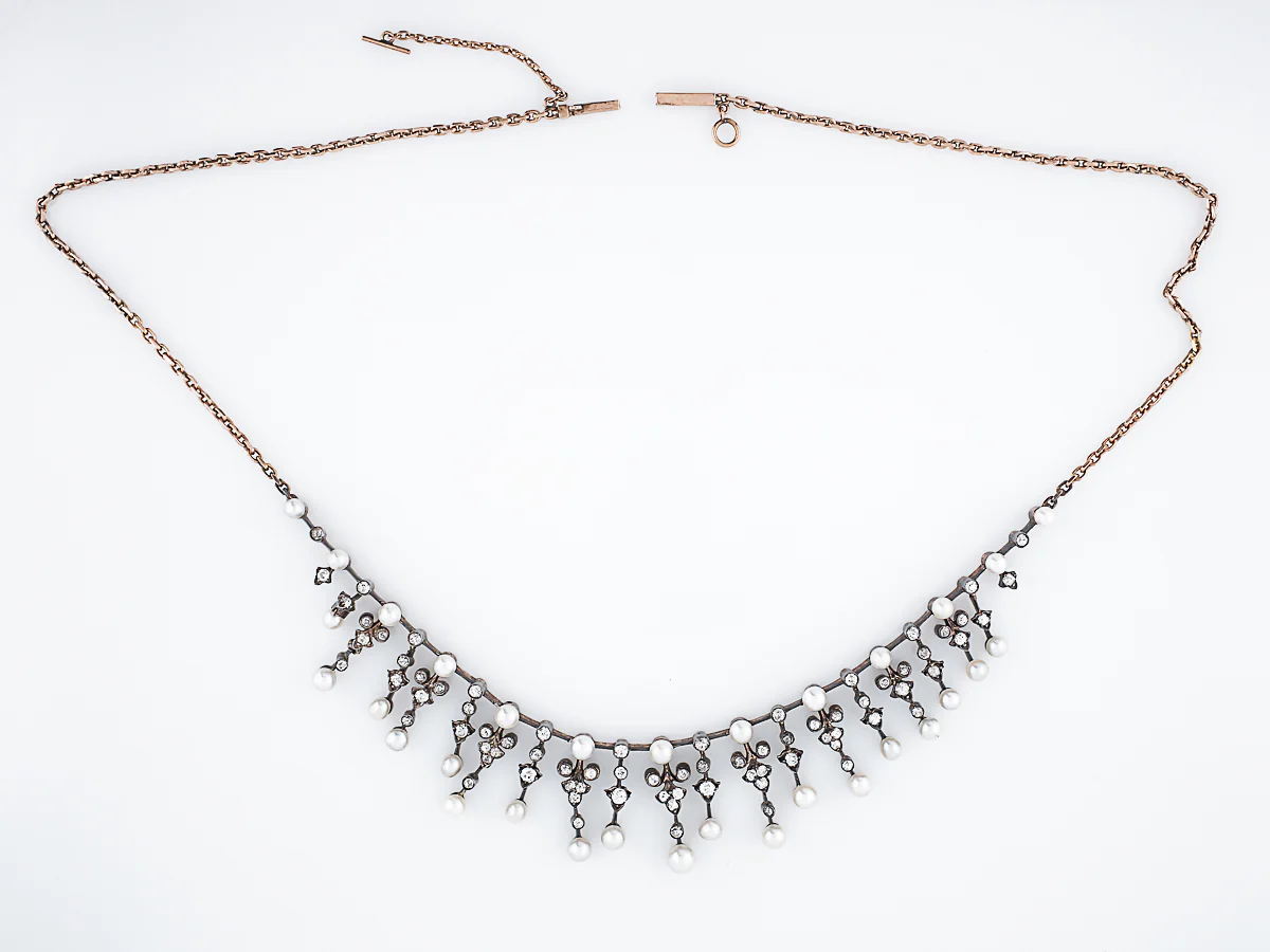 Antique Necklace Victorian 2.28 Single Cut Diamonds & Pearl in Sterling Silver & 14K White Gold - Image 2