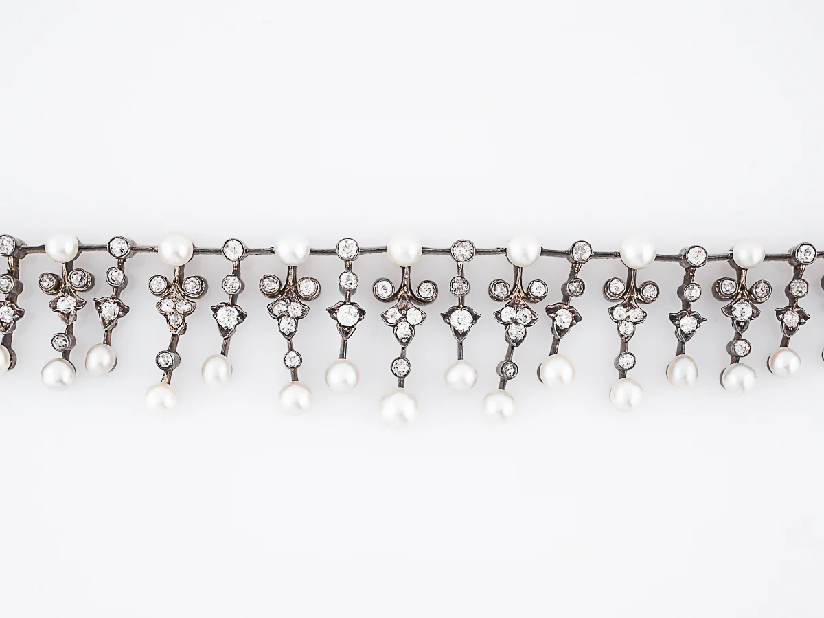 Antique Necklace Victorian 2.28 Single Cut Diamonds & Pearl in Sterling Silver & 14K White Gold - Image 3