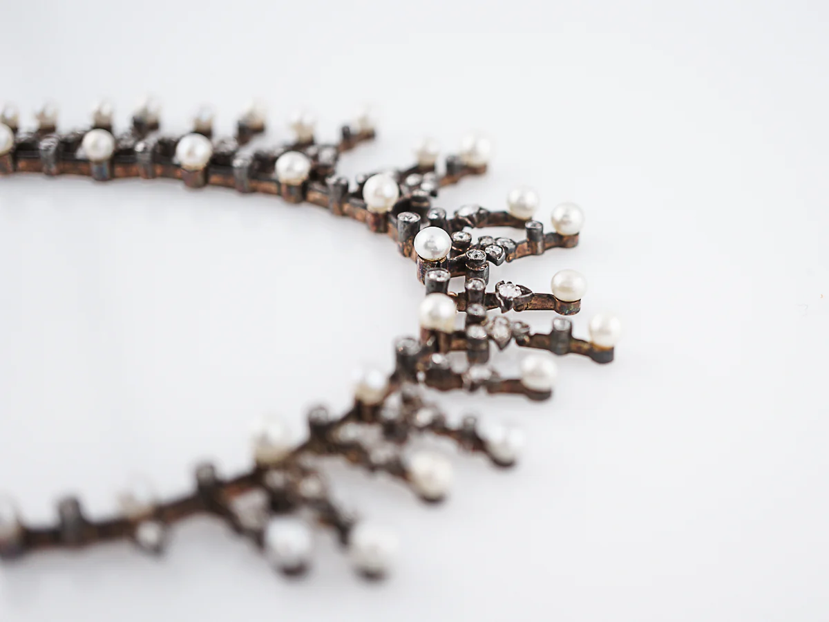 Antique Necklace Victorian 2.28 Single Cut Diamonds & Pearl in Sterling Silver & 14K White Gold - Image 5