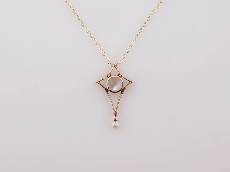 Antique Necklace Victorian .27 Cabochon Cut Moonstone & Pearl in 14k Yellow Gold - Image 2