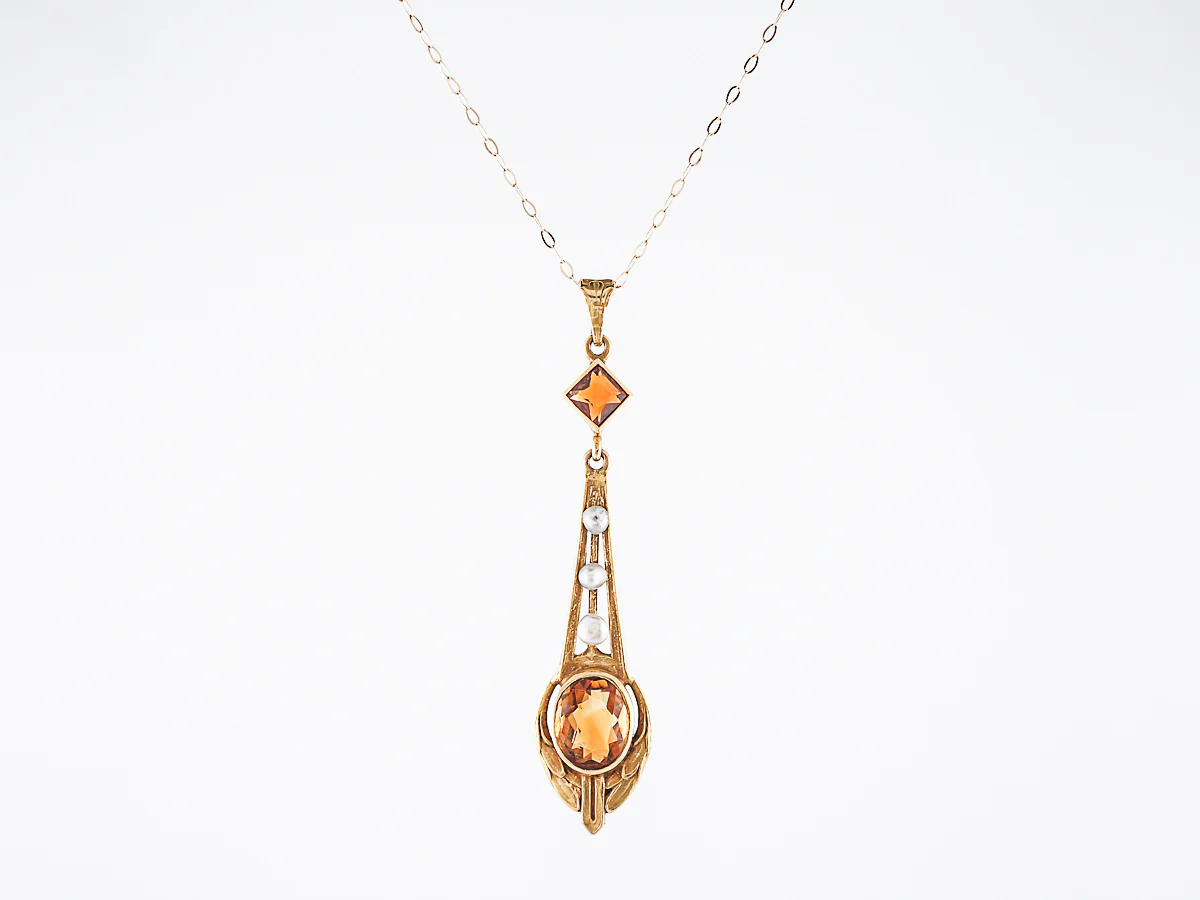 Antique Necklace Victorian .75 Oval Cut Citrine & Seed Pearls in 14K Yellow Gold