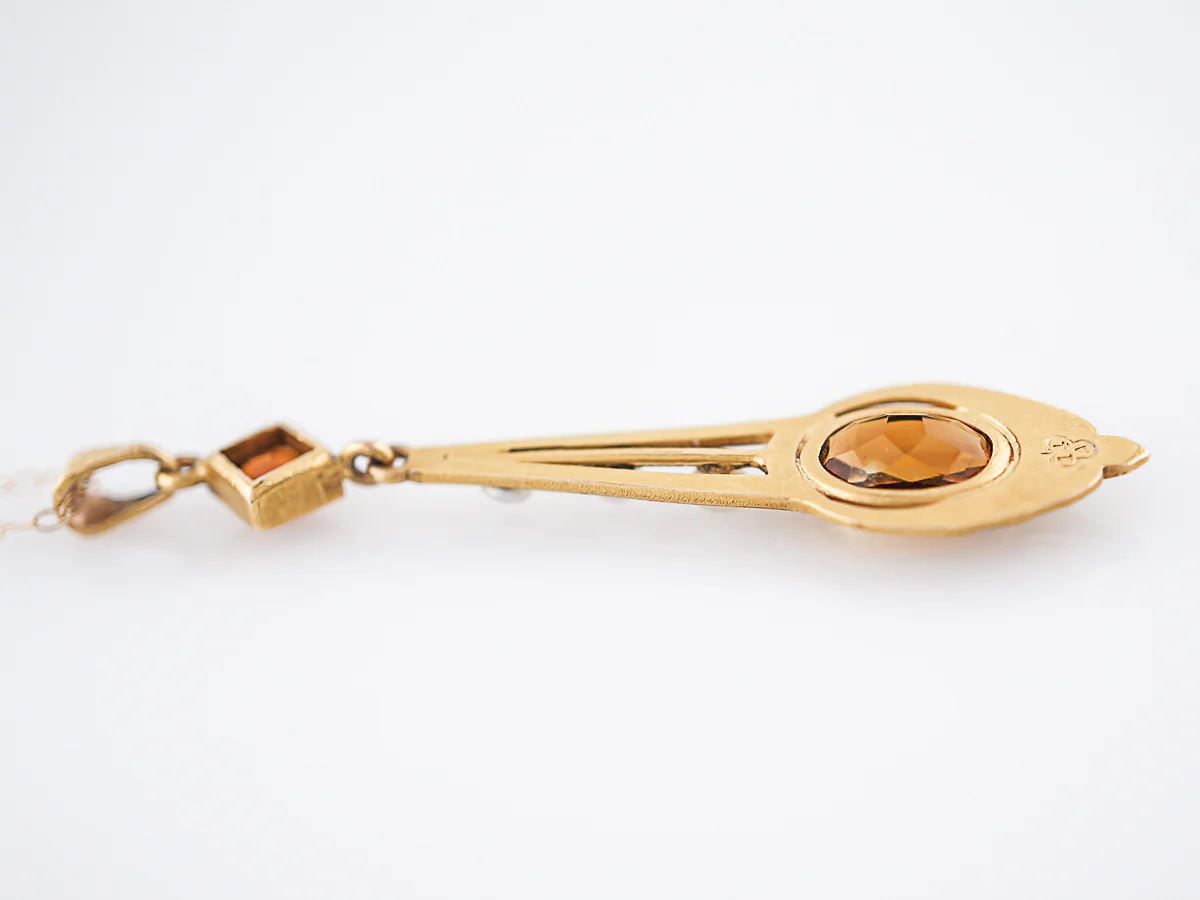 Antique Necklace Victorian .75 Oval Cut Citrine & Seed Pearls in 14K Yellow Gold - Image 4