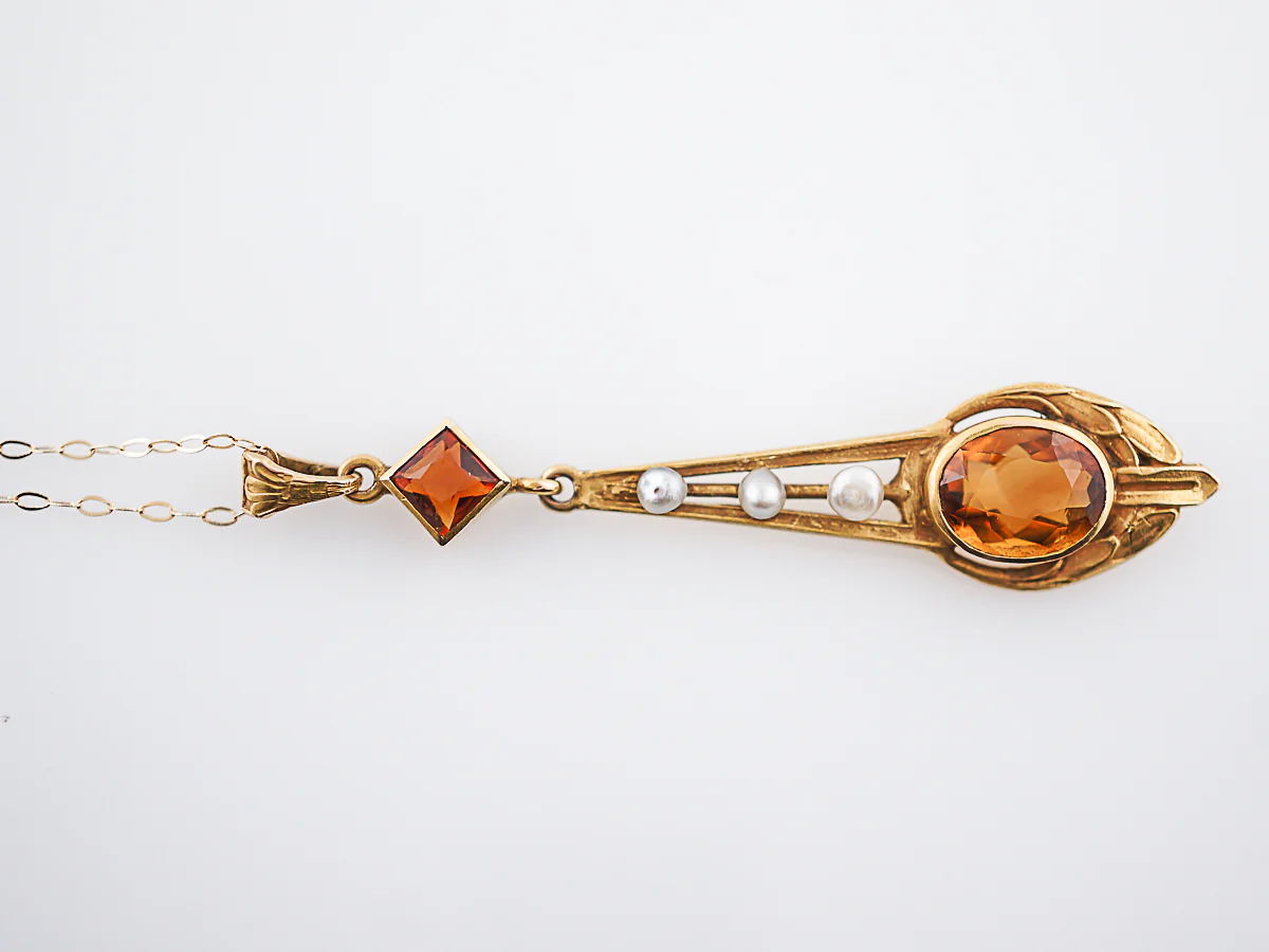 Antique Necklace Victorian .75 Oval Cut Citrine & Seed Pearls in 14K Yellow Gold - Image 5