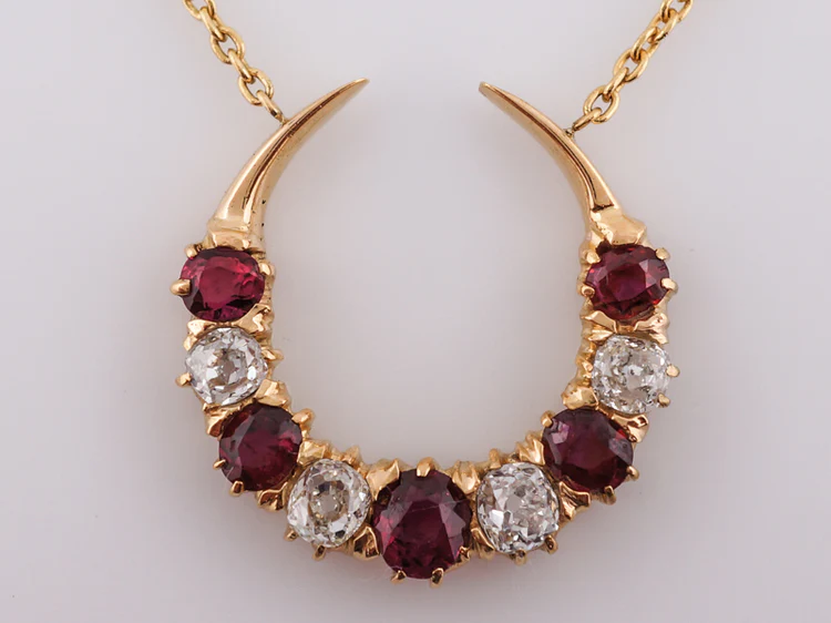 Antique Necklace Victorian .80 Old Mine Cut Diamonds & 1.46 Round Cut Rubies in 14k Yellow Gold